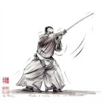 Dessin original sur les arts martiaux (Kendo/Iaido) par l'artiste Georges Roux