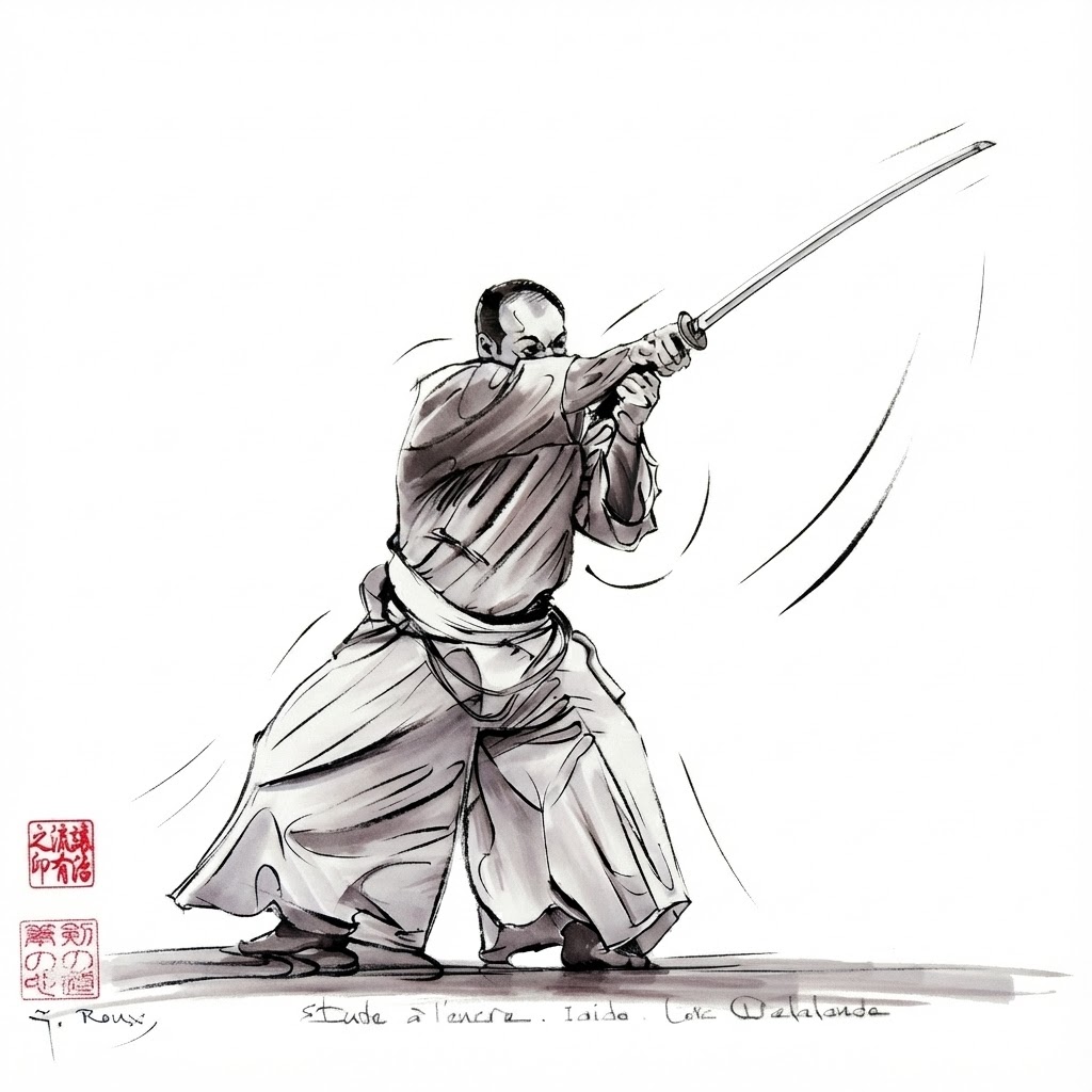 Dessin original sur les arts martiaux (Kendo/Iaido) par l'artiste Georges Roux
