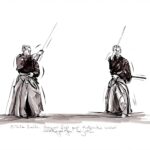 Dessin original sur les arts martiaux (Kendo/Iaido) par l'artiste Georges Roux