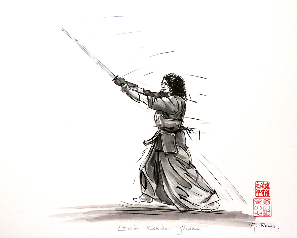 Dessin original sur les arts martiaux (Kendo/Iaido) par l'artiste Georges Roux