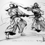 Dessin au trait d'un pratiquant de Kendo, esquisse signée Georges Roux, Saint-Nazaire