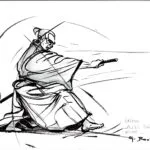 Dessin au trait d'un pratiquant de Iaido, esquisse signée Georges Roux, Saint-Nazaire — Georges Roux