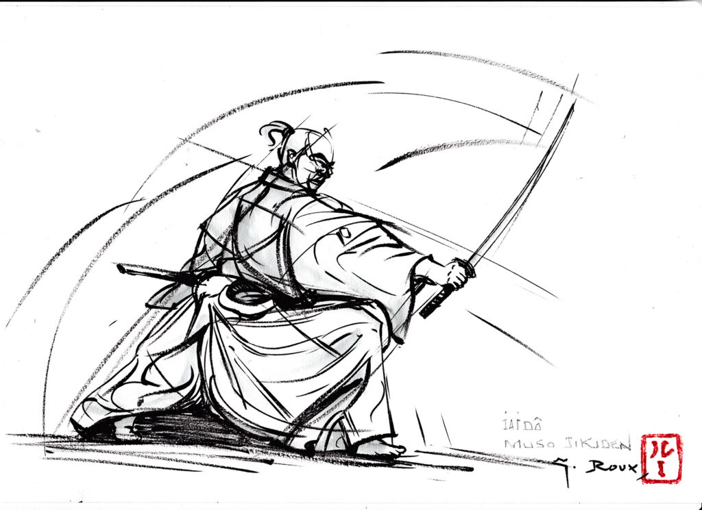 Dessin au trait d'un pratiquant de Iaido, esquisse signée Georges Roux, Saint-Nazaire