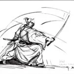Dessin au trait d'un pratiquant de Iaido, esquisse signée Georges Roux, Saint-Nazaire — Georges Roux