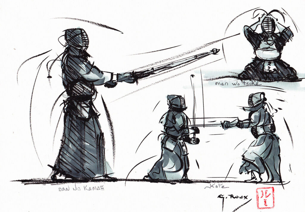 Dessin au trait d'un pratiquant de Kendo, esquisse signée Georges Roux, Saint-Nazaire