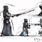 Dessin au trait d'un pratiquant de Kendo, esquisse signée Georges Roux, Saint-Nazaire