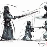 Dessin au trait d'un pratiquant de Kendo, esquisse signée Georges Roux, Saint-Nazaire — Georges Roux