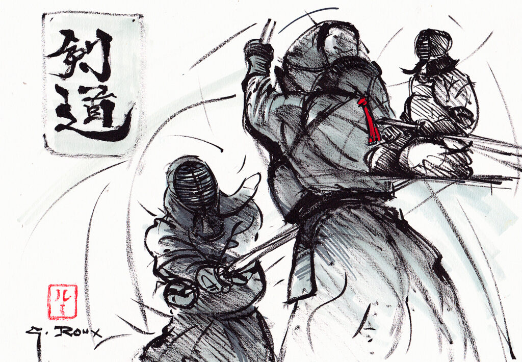 Dessin au trait d'un pratiquant de Kendo, esquisse signée Georges Roux, Saint-Nazaire