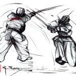 Dessin au trait d'un pratiquant de Kendo, esquisse signée Georges Roux, Saint-Nazaire