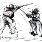 Dessin au trait d'un pratiquant de Kendo, esquisse signée Georges Roux, Saint-Nazaire — Georges Roux