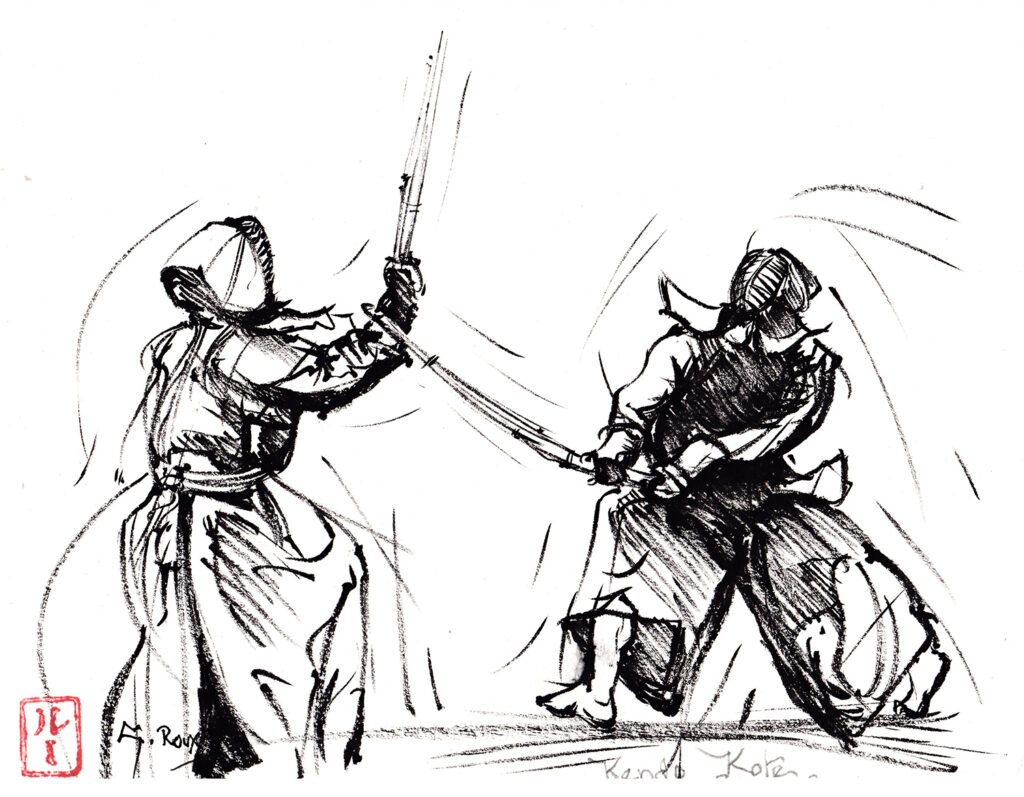 Dessin au trait d'un pratiquant de Kendo, esquisse signée Georges Roux, Saint-Nazaire