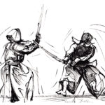 Dessin au trait d'un pratiquant de Kendo, esquisse signée Georges Roux, Saint-Nazaire