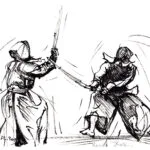 Dessin au trait d'un pratiquant de Kendo, esquisse signée Georges Roux, Saint-Nazaire — Georges Roux