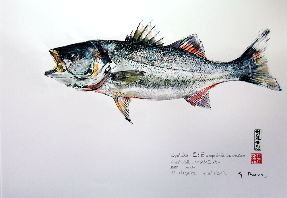 Collection de Gyotakus (empreintes de poissons traditionnelles japonaises) réalisée par l'artiste Georges Roux. Cette série présente diverses espèces comme la dorade, le baliste et le hareng, rehaussées de couleurs et d'annotations calligraphiées.