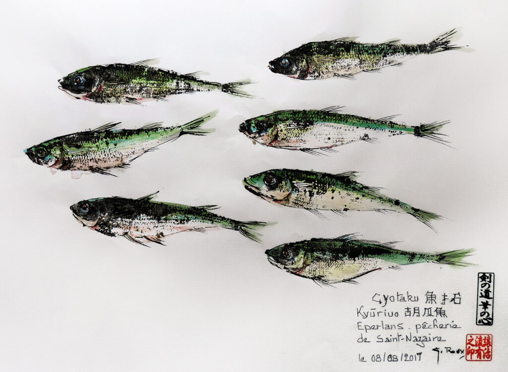 Collection de Gyotakus (empreintes de poissons traditionnelles japonaises) réalisée par l'artiste Georges Roux. Cette série présente diverses espèces comme la dorade, le baliste et le hareng, rehaussées de couleurs et d'annotations calligraphiées.